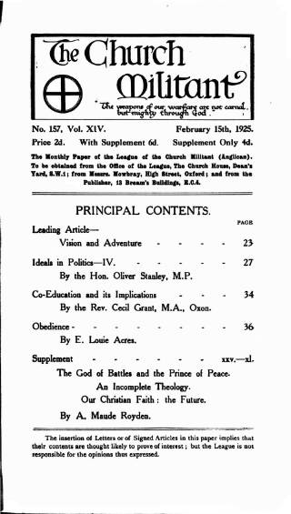 cover page of Church League for Women's Suffrage published on February 15, 1925