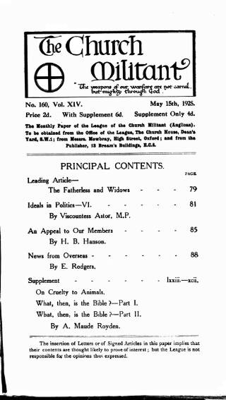 cover page of Church League for Women's Suffrage published on May 15, 1925