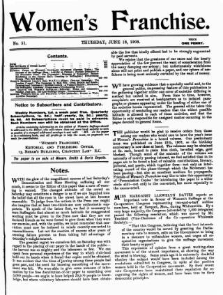 cover page of Women's Franchise published on June 18, 1908