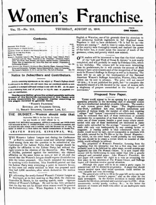cover page of Women's Franchise published on August 25, 1910