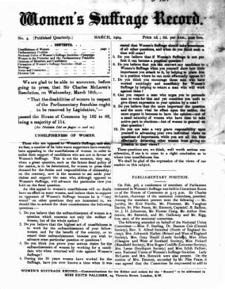 cover page of Women's Suffrage Record published on March 1, 1904