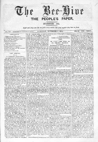 cover page of Bee-Hive published on November 2, 1872