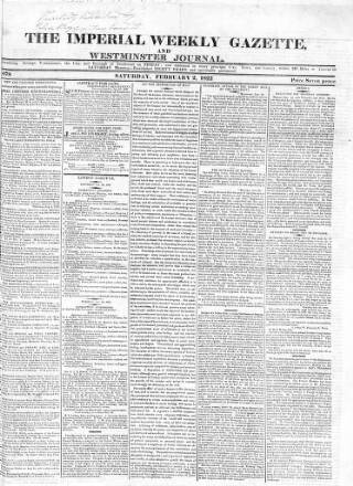 cover page of Imperial Weekly Gazette published on February 2, 1822