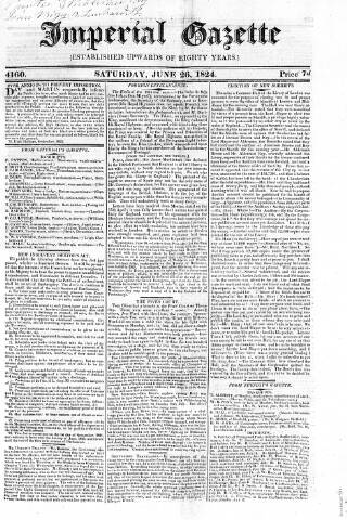 cover page of Imperial Weekly Gazette published on June 26, 1824