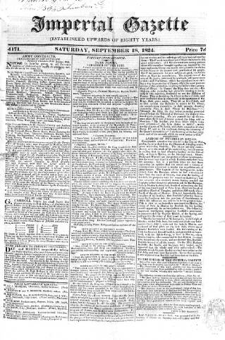 cover page of Imperial Weekly Gazette published on September 18, 1824