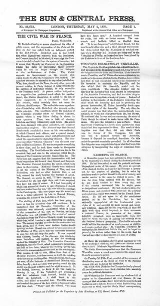cover page of Sun & Central Press published on May 4, 1871