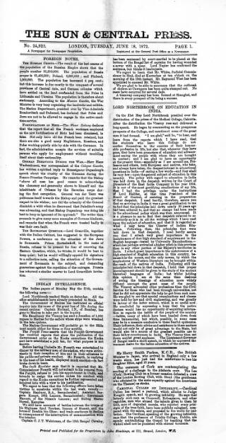 cover page of Sun & Central Press published on June 18, 1872