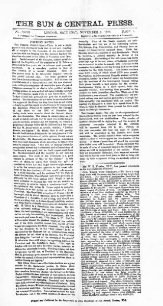 cover page of Sun & Central Press published on November 2, 1872