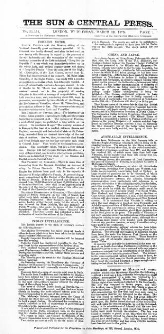 cover page of Sun & Central Press published on March 19, 1873