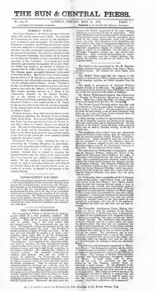 cover page of Sun & Central Press published on May 2, 1873