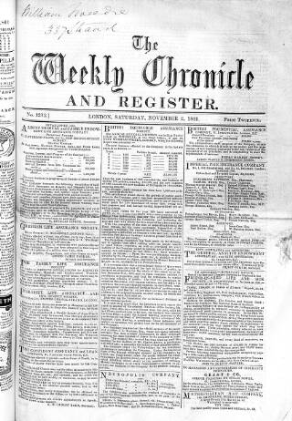 cover page of Weekly Chronicle (London) published on November 2, 1861