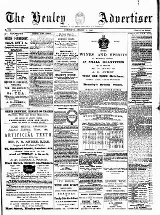 cover page of Henley Advertiser published on August 2, 1884
