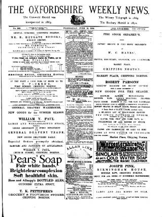 cover page of Oxfordshire Weekly News published on June 18, 1884