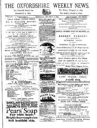 cover page of Oxfordshire Weekly News published on September 17, 1884