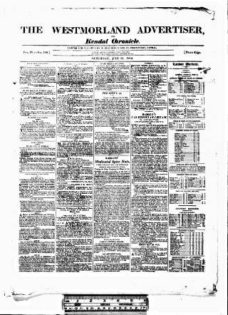 cover page of Westmorland Advertiser and Kendal Chronicle published on June 18, 1814