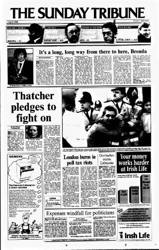 cover page of Sunday Tribune published on April 1, 1990