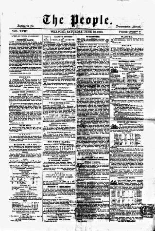 cover page of Wexford People published on June 18, 1870