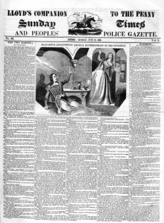 cover page of Lloyd's Companion to the Penny Sunday Times and Peoples' Police Gazette published on June 18, 1843