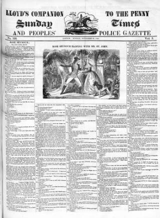 cover page of Lloyd's Companion to the Penny Sunday Times and Peoples' Police Gazette published on November 26, 1843
