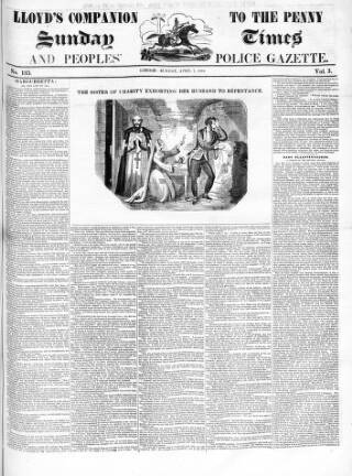 cover page of Lloyd's Companion to the Penny Sunday Times and Peoples' Police Gazette published on April 7, 1844