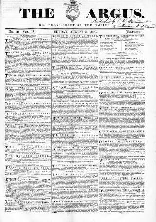 cover page of Argus, or, Broad-sheet of the Empire published on August 2, 1840