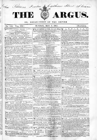 cover page of Argus, or, Broad-sheet of the Empire published on May 2, 1841