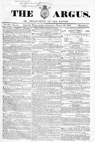 cover page of Argus, or, Broad-sheet of the Empire published on March 19, 1842