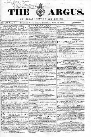 cover page of Argus, or, Broad-sheet of the Empire published on June 18, 1842