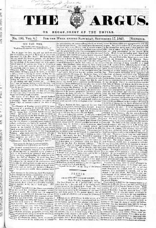 cover page of Argus, or, Broad-sheet of the Empire published on September 17, 1842