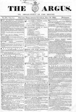 cover page of Argus, or, Broad-sheet of the Empire published on May 13, 1843