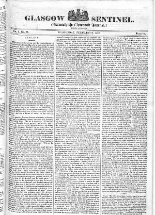 cover page of Glasgow Sentinel 1821 published on February 6, 1822