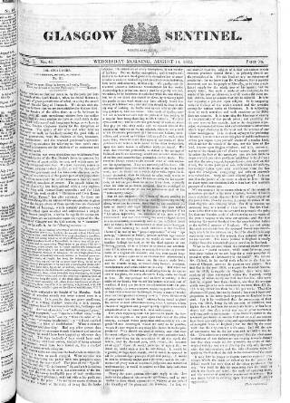 cover page of Glasgow Sentinel published on August 14, 1822