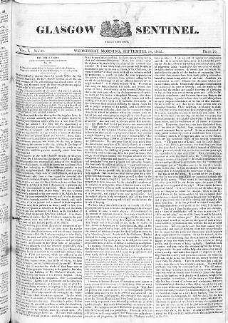 cover page of Glasgow Sentinel published on September 18, 1822