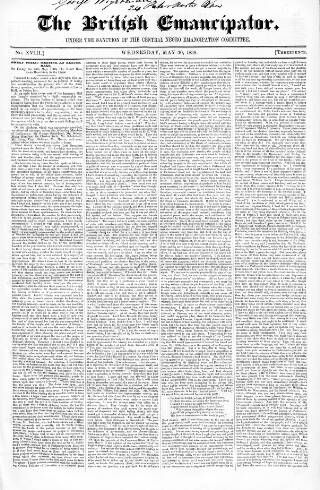 cover page of British Emancipator published on May 30, 1838