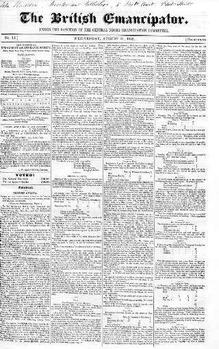 cover page of British Emancipator published on August 21, 1839