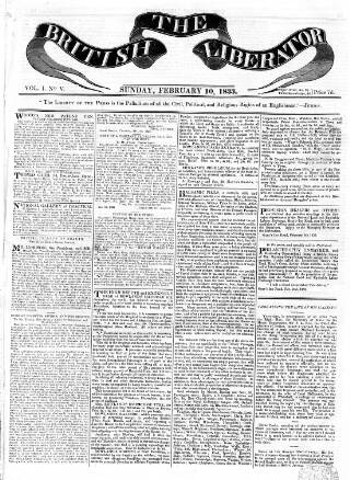 cover page of British Liberator published on February 10, 1833