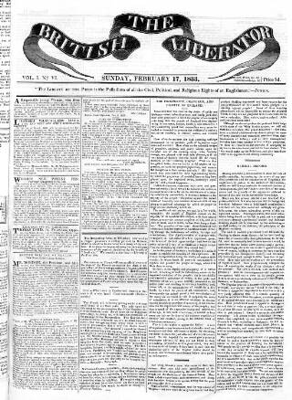 cover page of British Liberator published on February 17, 1833
