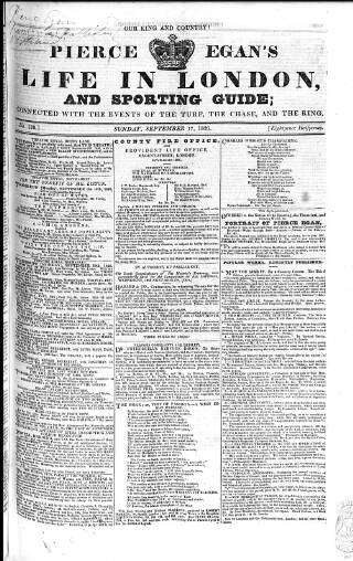 cover page of Pierce Egan's Life in London, and Sporting Guide published on September 17, 1826