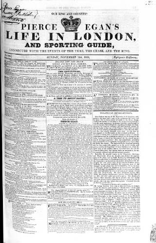 cover page of Pierce Egan's Life in London, and Sporting Guide published on November 12, 1826