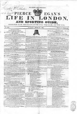 cover page of Pierce Egan's Life in London, and Sporting Guide published on April 1, 1827