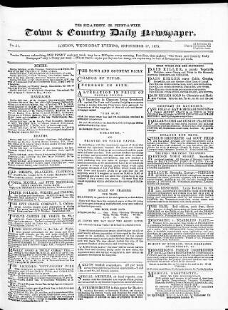 cover page of Town & Country Daily Newspaper published on September 17, 1873