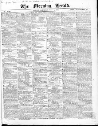 cover page of Morning Herald (London) published on May 2, 1863