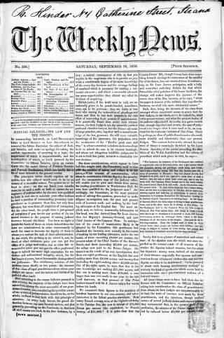 cover page of Douglas Jerrold's Weekly Newspaper published on September 28, 1850