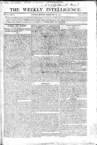 cover page of Weekly Intelligence published on February 22, 1818