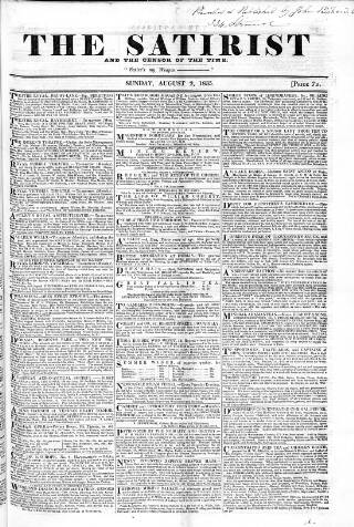 cover page of Satirist; or, the Censor of the Times published on August 2, 1835