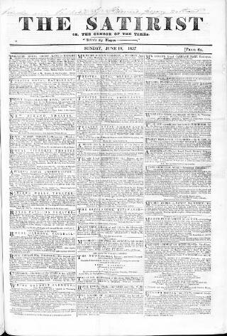 cover page of Satirist; or, the Censor of the Times published on June 18, 1837
