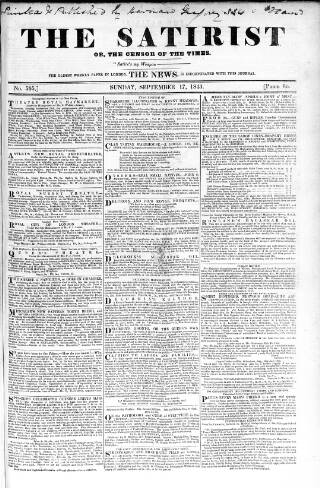 cover page of Satirist; or, the Censor of the Times published on September 17, 1843