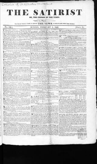 cover page of Satirist; or, the Censor of the Times published on February 2, 1845