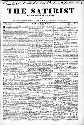 cover page of Satirist; or, the Censor of the Times published on May 2, 1847