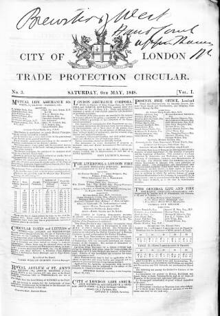 cover page of City of London Trade Protection Circular published on May 6, 1848